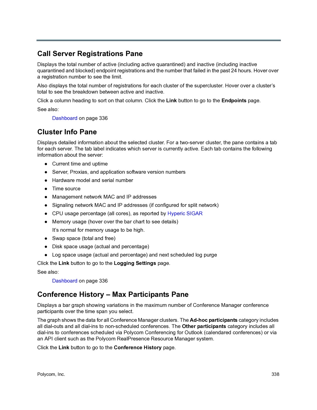 Polycom 3725-76302-001O manual Call Server Registrations Pane, Cluster Info Pane, Conference History Max Participants Pane 