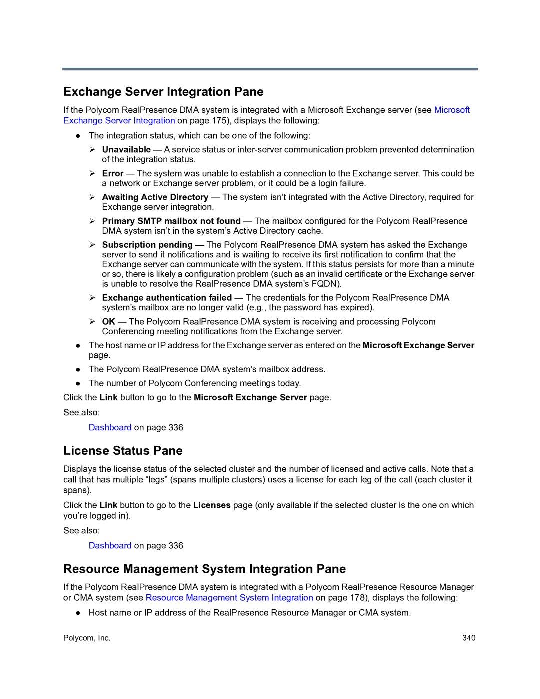 Polycom 3725-76302-001O Exchange Server Integration Pane, License Status Pane, Resource Management System Integration Pane 