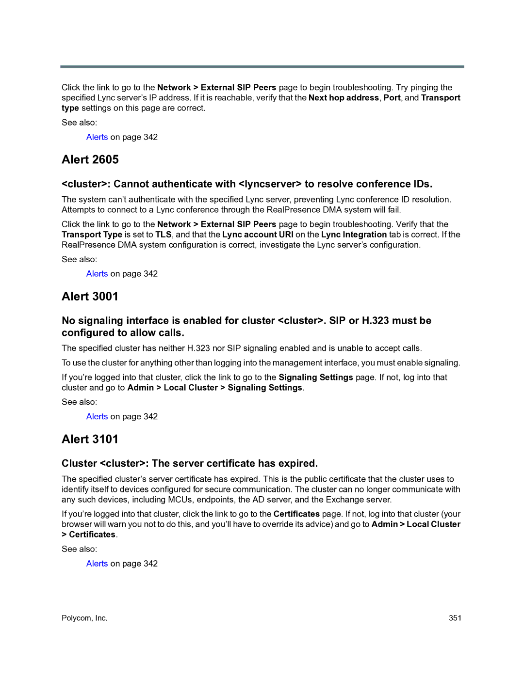Polycom 3725-76302-001O manual Cluster cluster The server certificate has expired, Certificates. See also 