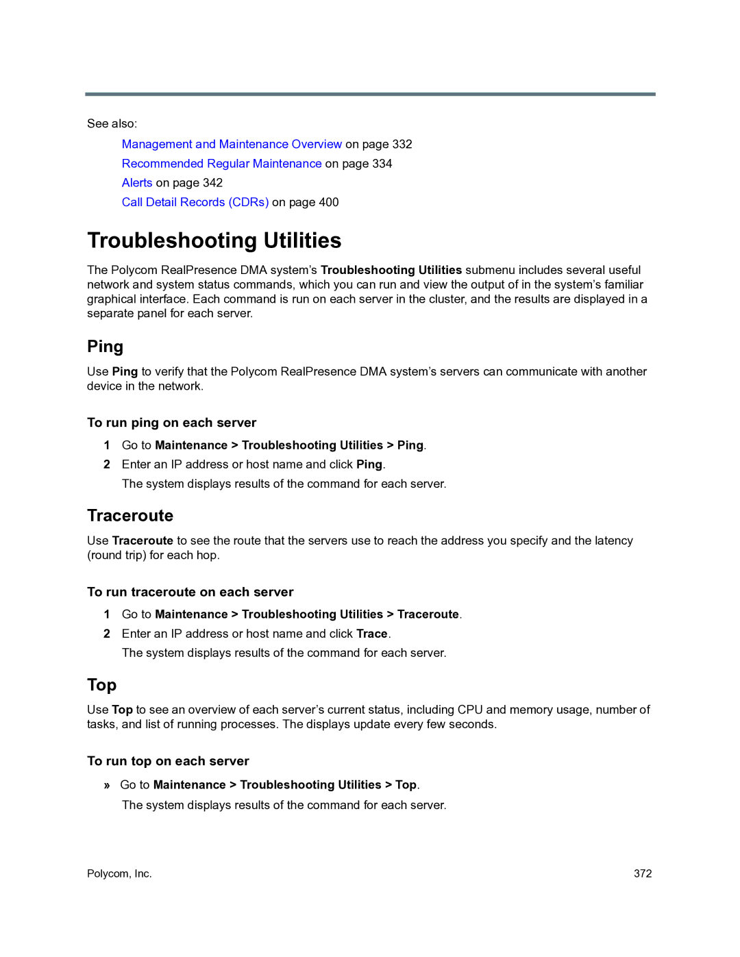 Polycom 3725-76302-001O manual Troubleshooting Utilities, Ping, Traceroute, Top 