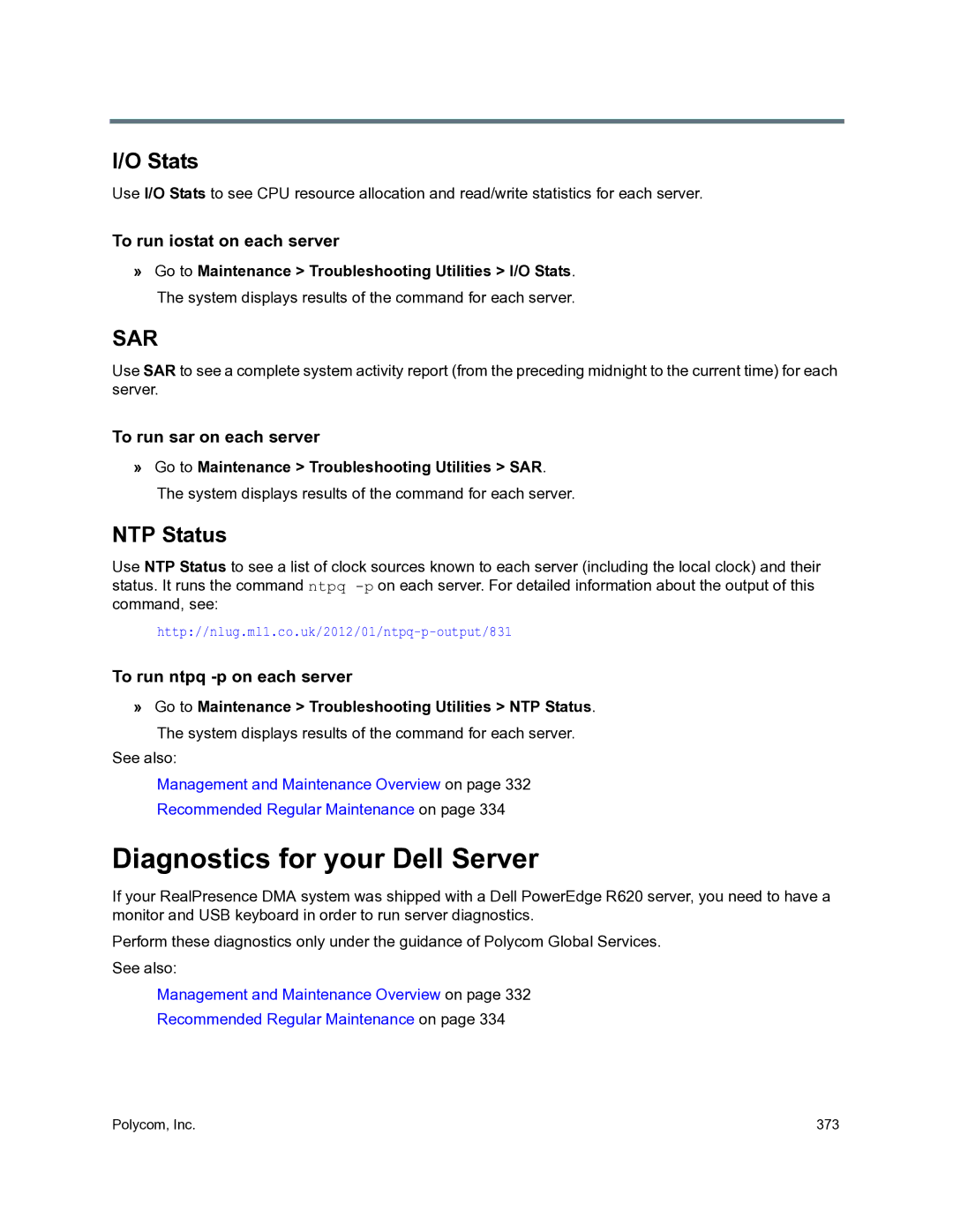 Polycom 3725-76302-001O manual Diagnostics for your Dell Server, Stats, NTP Status 