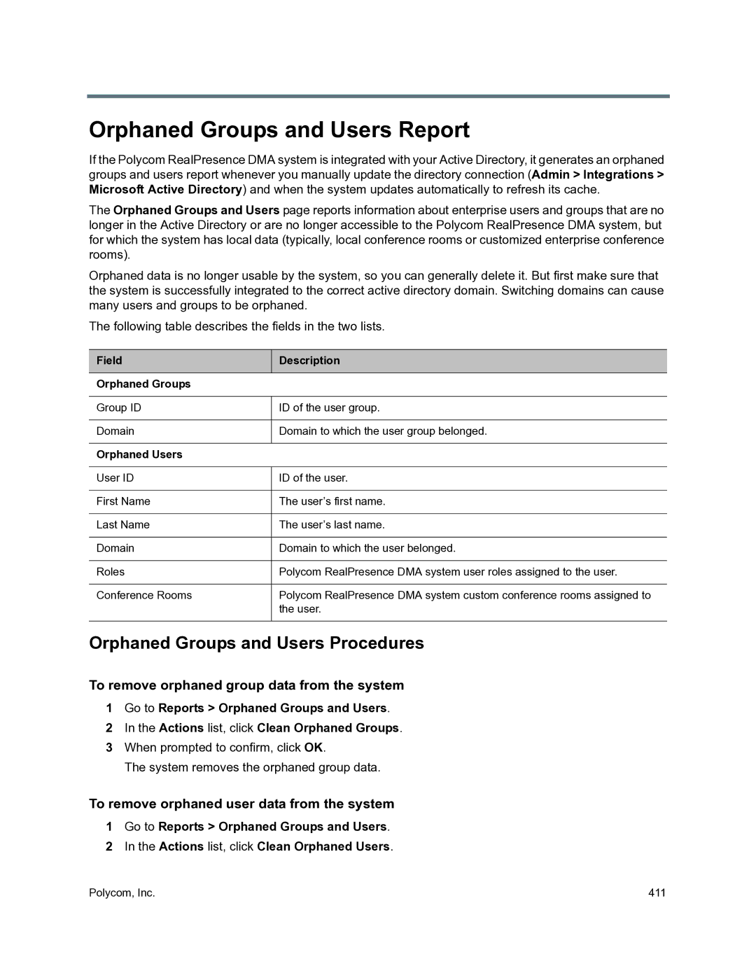 Polycom 3725-76302-001O manual Orphaned Groups and Users Report, Orphaned Groups and Users Procedures 