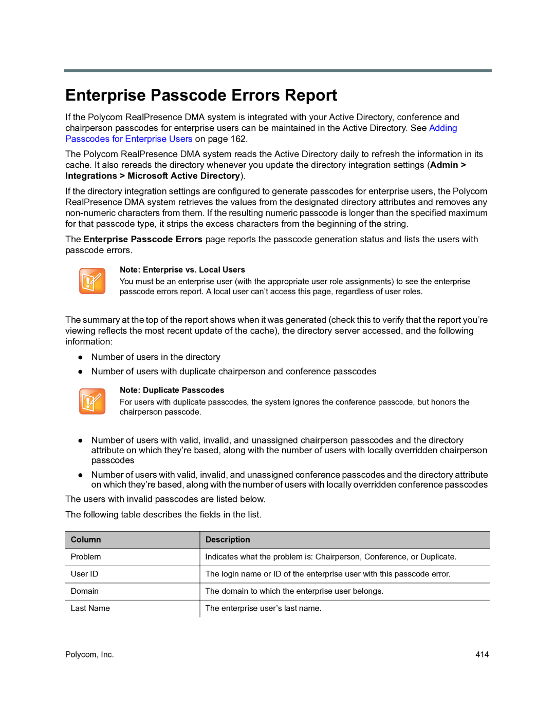 Polycom 3725-76302-001O manual Enterprise Passcode Errors Report, Column 