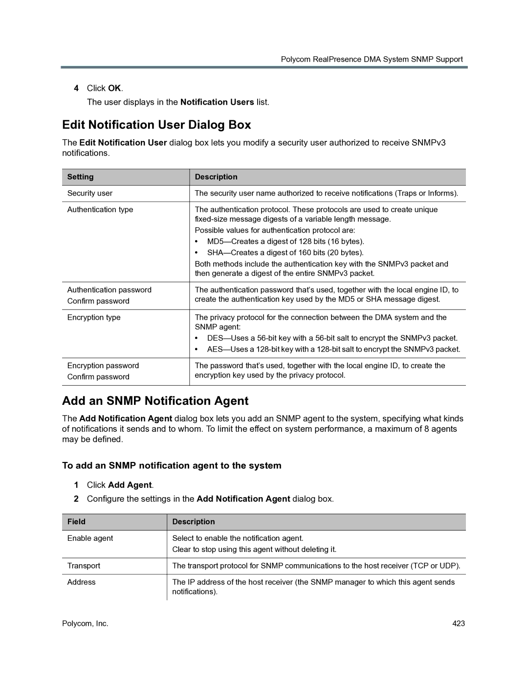 Polycom 3725-76302-001O manual Edit Notification User Dialog Box, Add an Snmp Notification Agent, Click Add Agent 