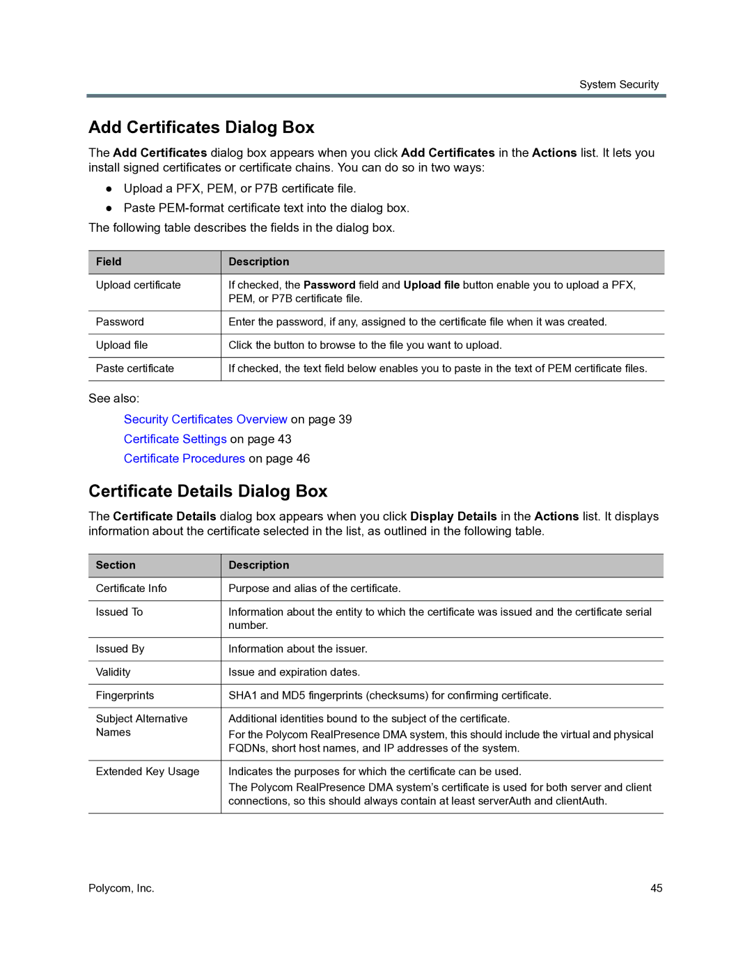 Polycom 3725-76302-001O manual Add Certificates Dialog Box, Certificate Details Dialog Box, Section Description 