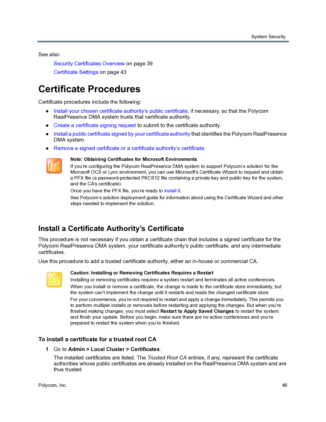 Polycom 3725-76302-001O manual Certificate Procedures, Install a Certificate Authority’s Certificate 