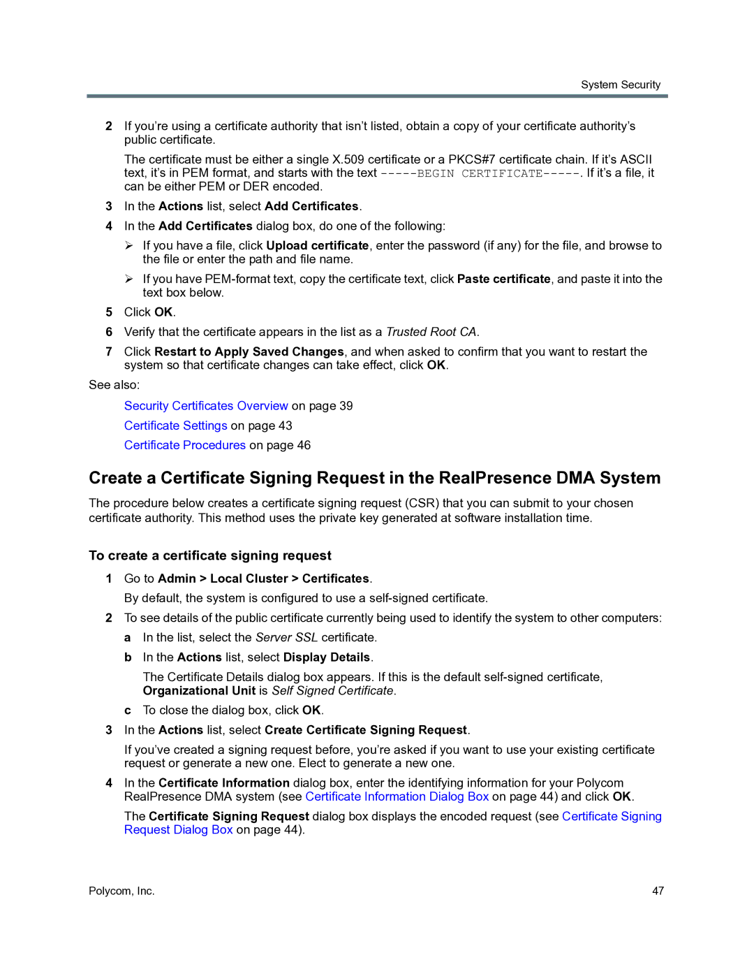 Polycom 3725-76302-001O manual To create a certificate signing request, Actions list, select Add Certificates 