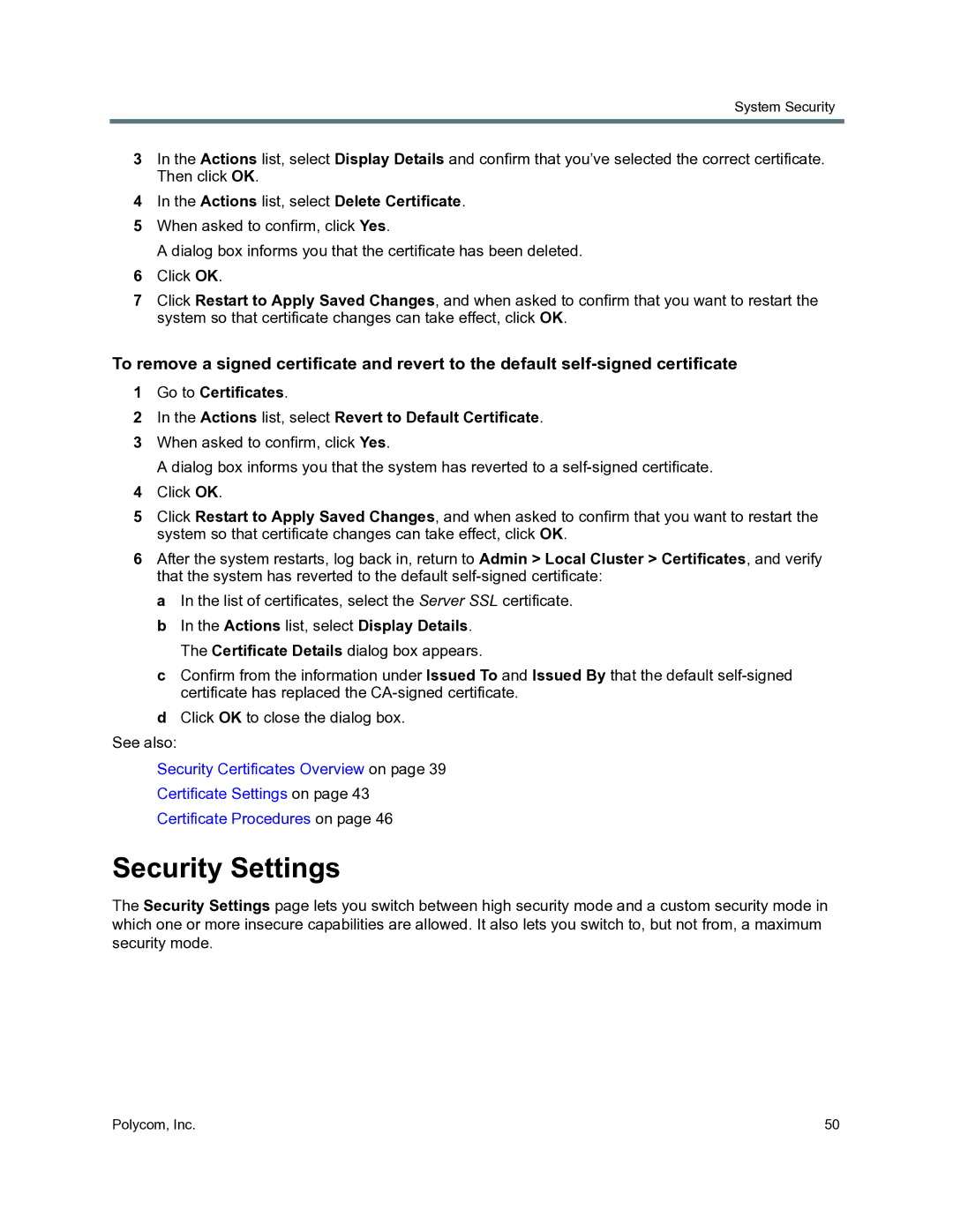 Polycom 3725-76302-001O manual Security Settings, Actions list, select Delete Certificate 