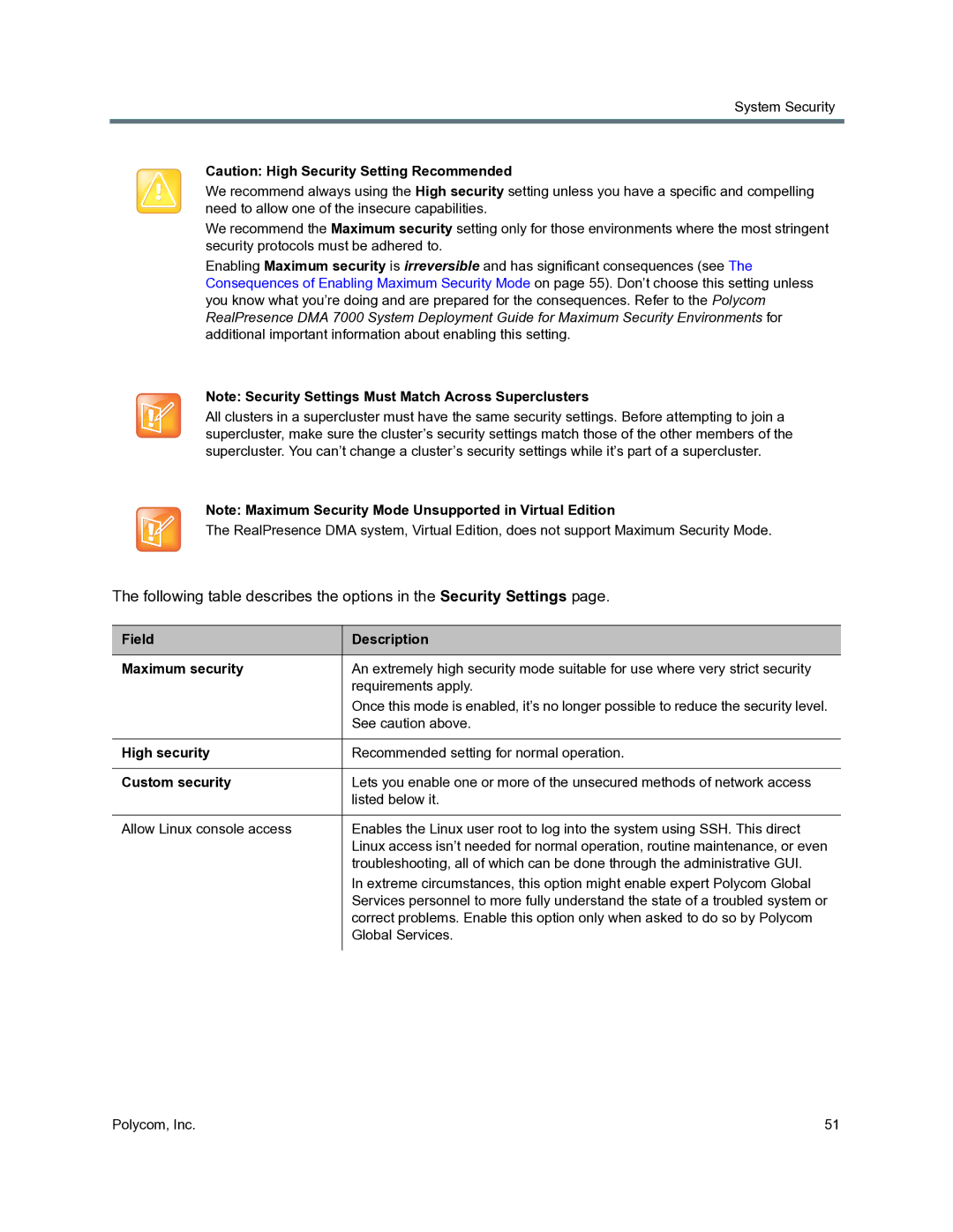 Polycom 3725-76302-001O manual Field Description Maximum security, High security, Custom security 
