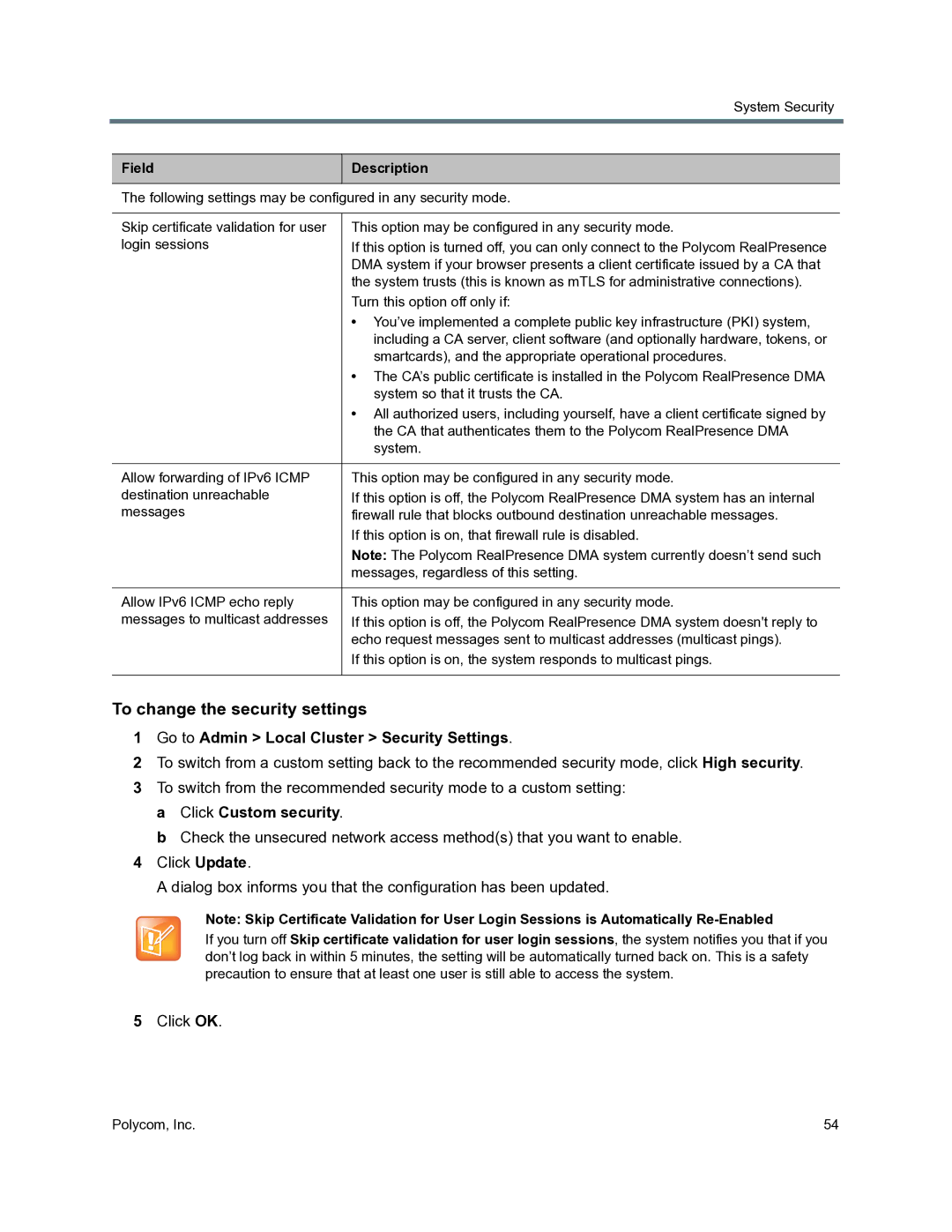 Polycom 3725-76302-001O manual To change the security settings, Go to Admin Local Cluster Security Settings 