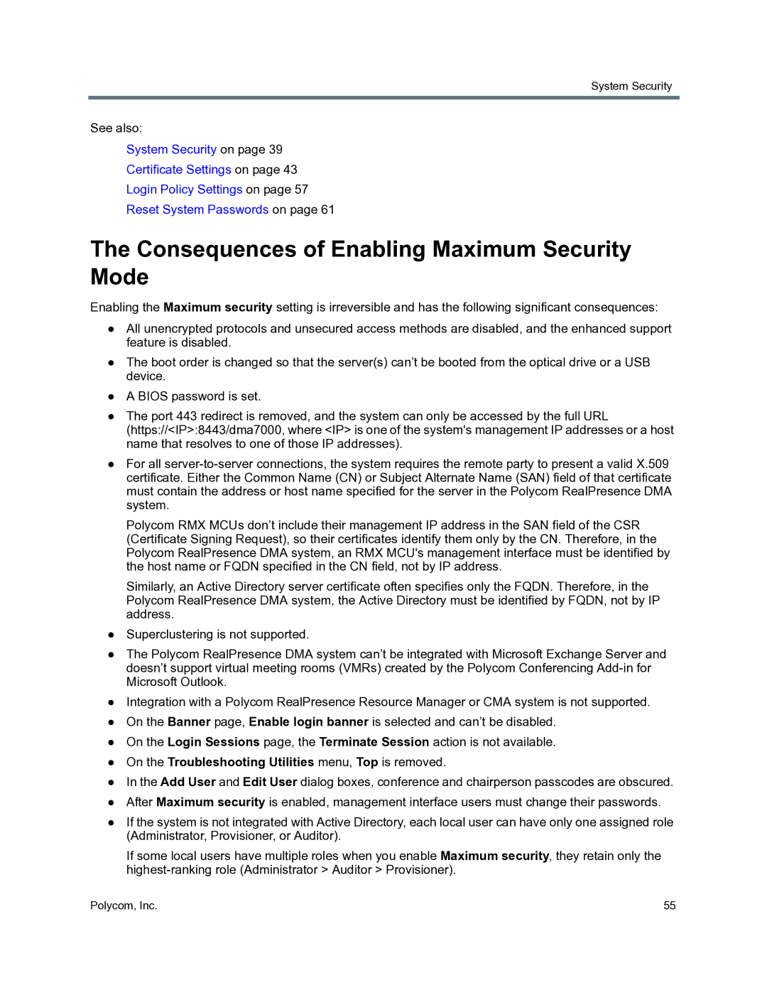 Polycom 3725-76302-001O manual Consequences of Enabling Maximum Security Mode 