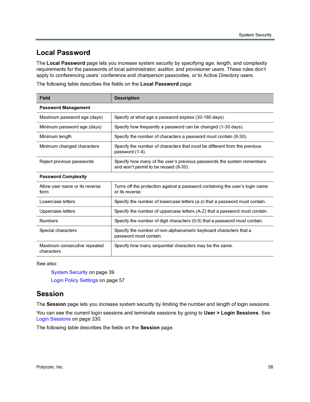 Polycom 3725-76302-001O manual Local Password, Session, Field Description Password Management, Password Complexity 