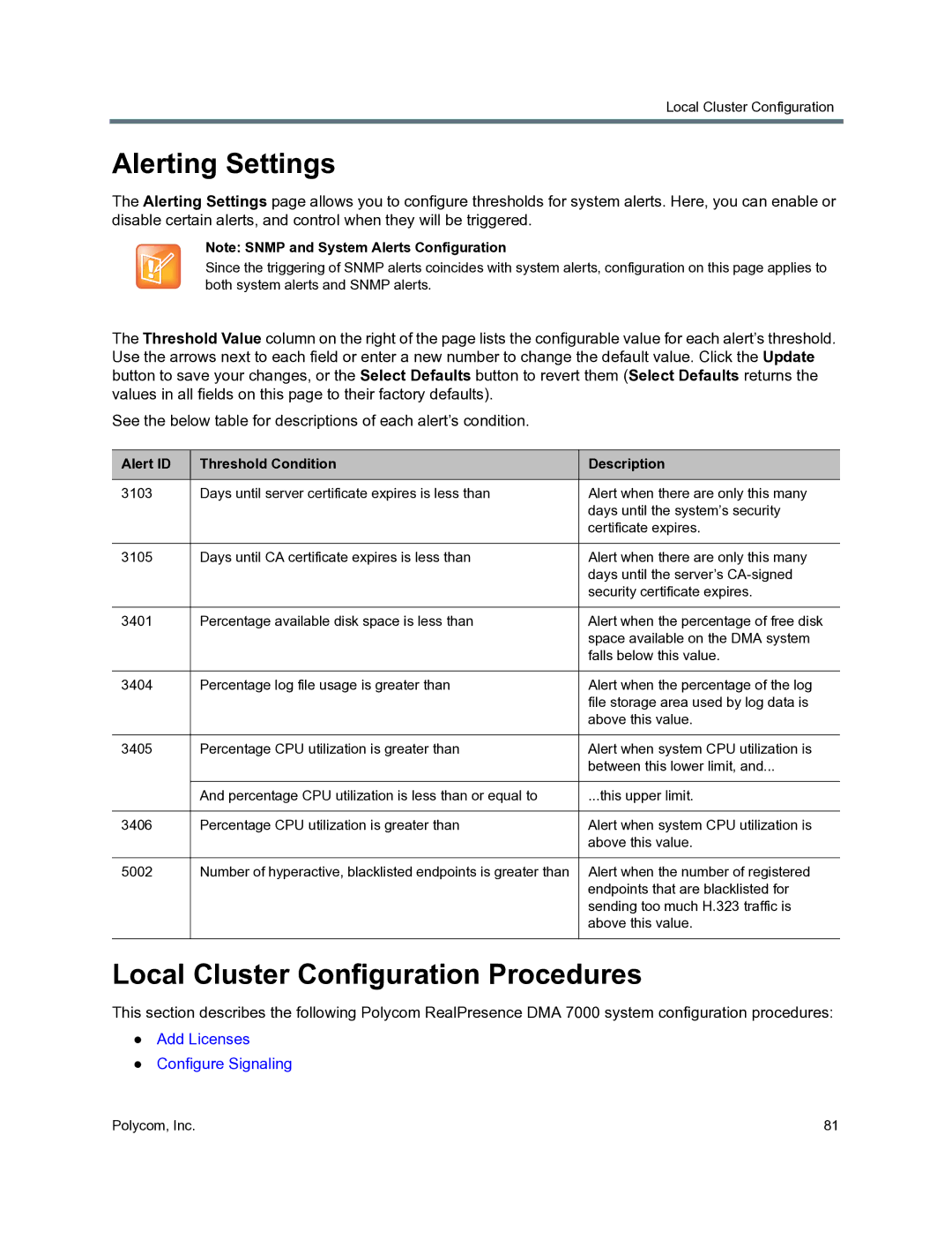 Polycom 3725-76302-001O manual Alerting Settings, Local Cluster Configuration Procedures 