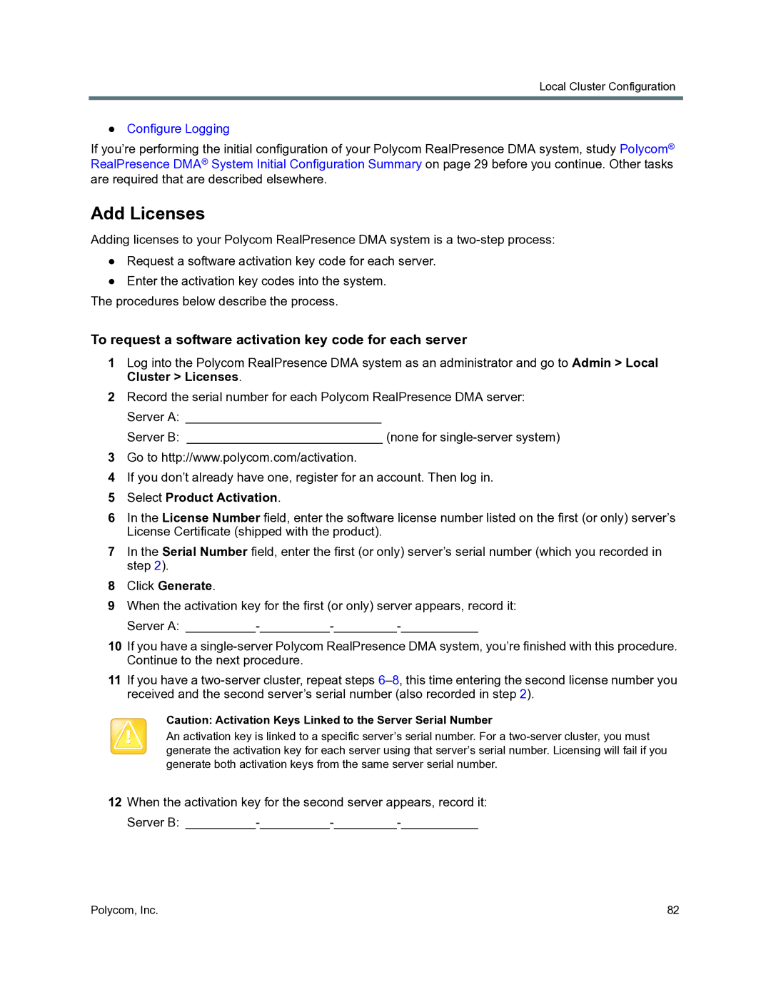 Polycom 3725-76302-001O Add Licenses, To request a software activation key code for each server, Select Product Activation 