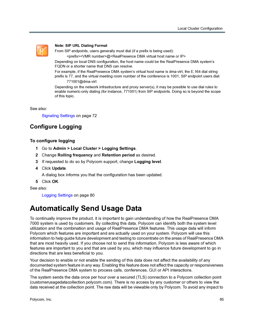 Polycom 3725-76302-001O manual Automatically Send Usage Data, Configure Logging, To configure logging 