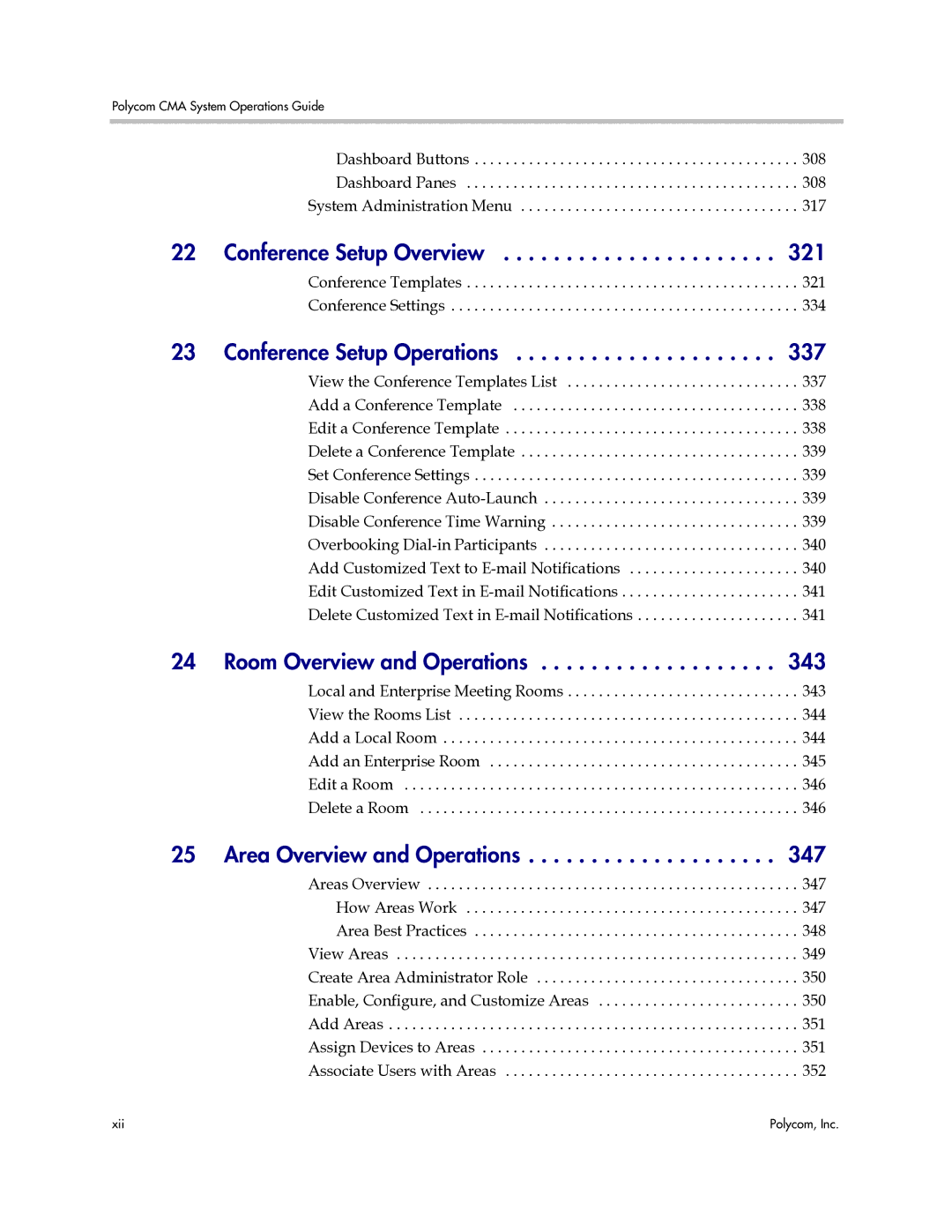 Polycom 3725-77601-001H Conference Setup Overview 321, Conference Setup Operations 337, Room Overview and Operations 343 