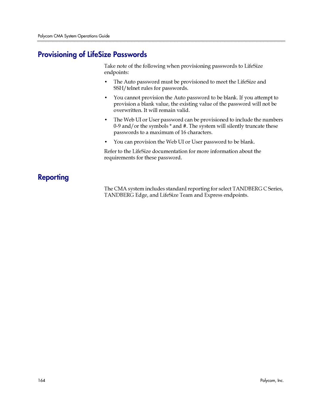 Polycom 3725-77601-001H manual Provisioning of LifeSize Passwords, Reporting 