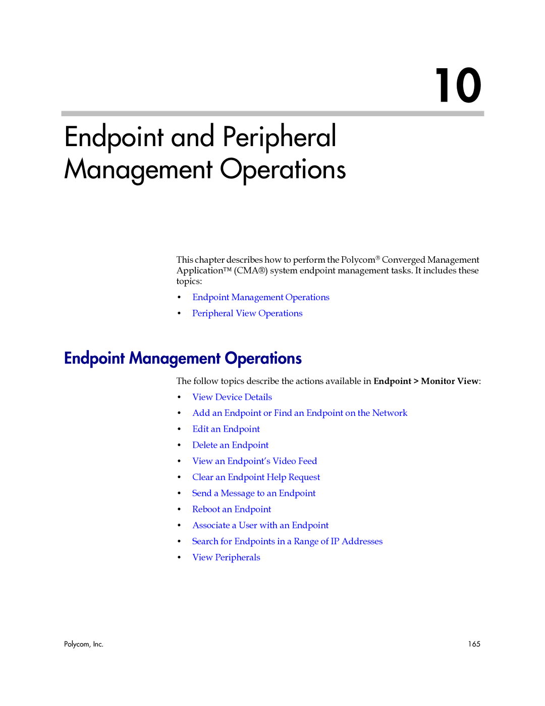 Polycom 3725-77601-001H manual Endpoint and Peripheral Management Operations, Endpoint Management Operations 