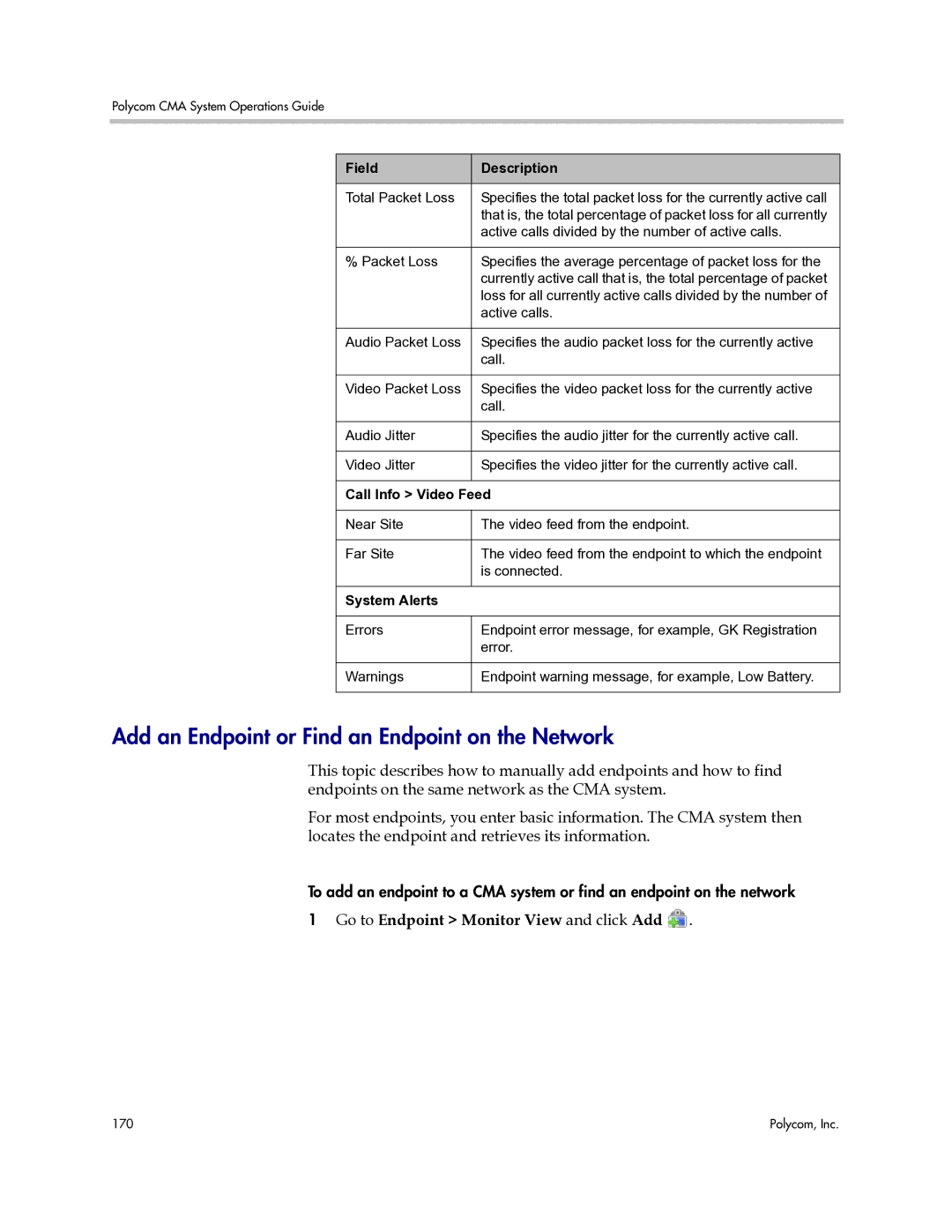 Polycom 3725-77601-001H Add an Endpoint or Find an Endpoint on the Network, Go to Endpoint Monitor View and click Add 