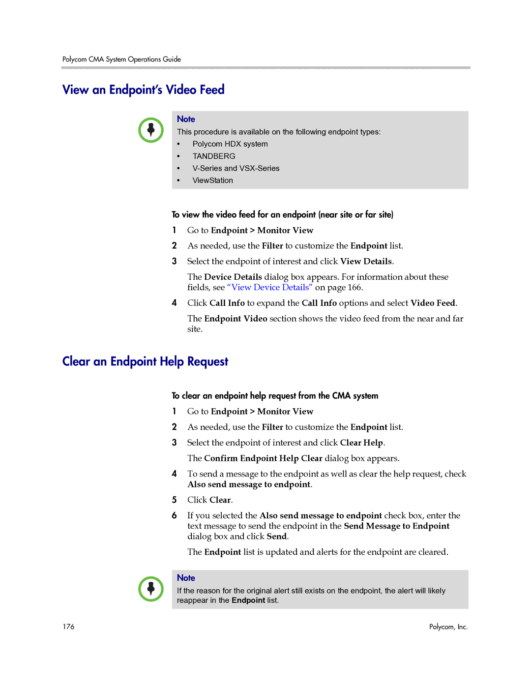 Polycom 3725-77601-001H manual View an Endpoint’s Video Feed, Clear an Endpoint Help Request, Tandberg 