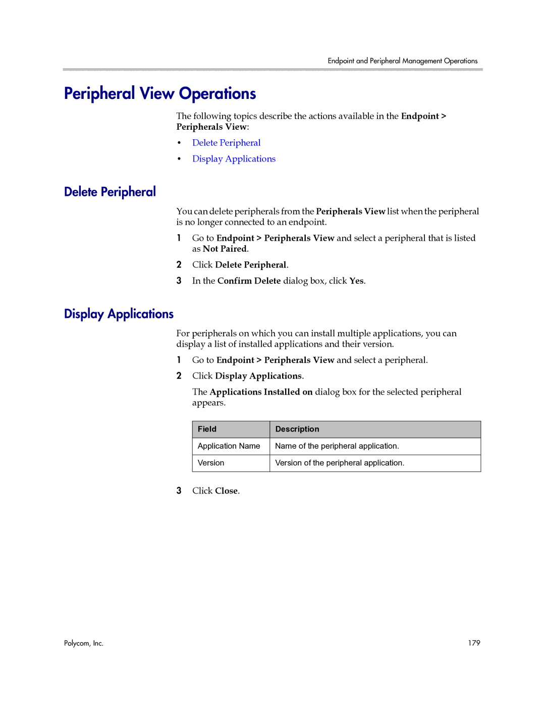 Polycom 3725-77601-001H manual Peripheral View Operations, Delete Peripheral, Display Applications 