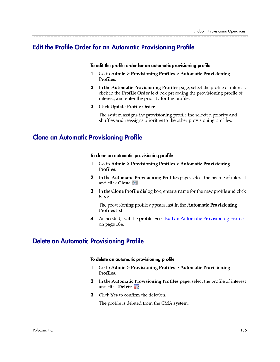 Polycom 3725-77601-001H Clone an Automatic Provisioning Profile, Delete an Automatic Provisioning Profile, Profiles list 