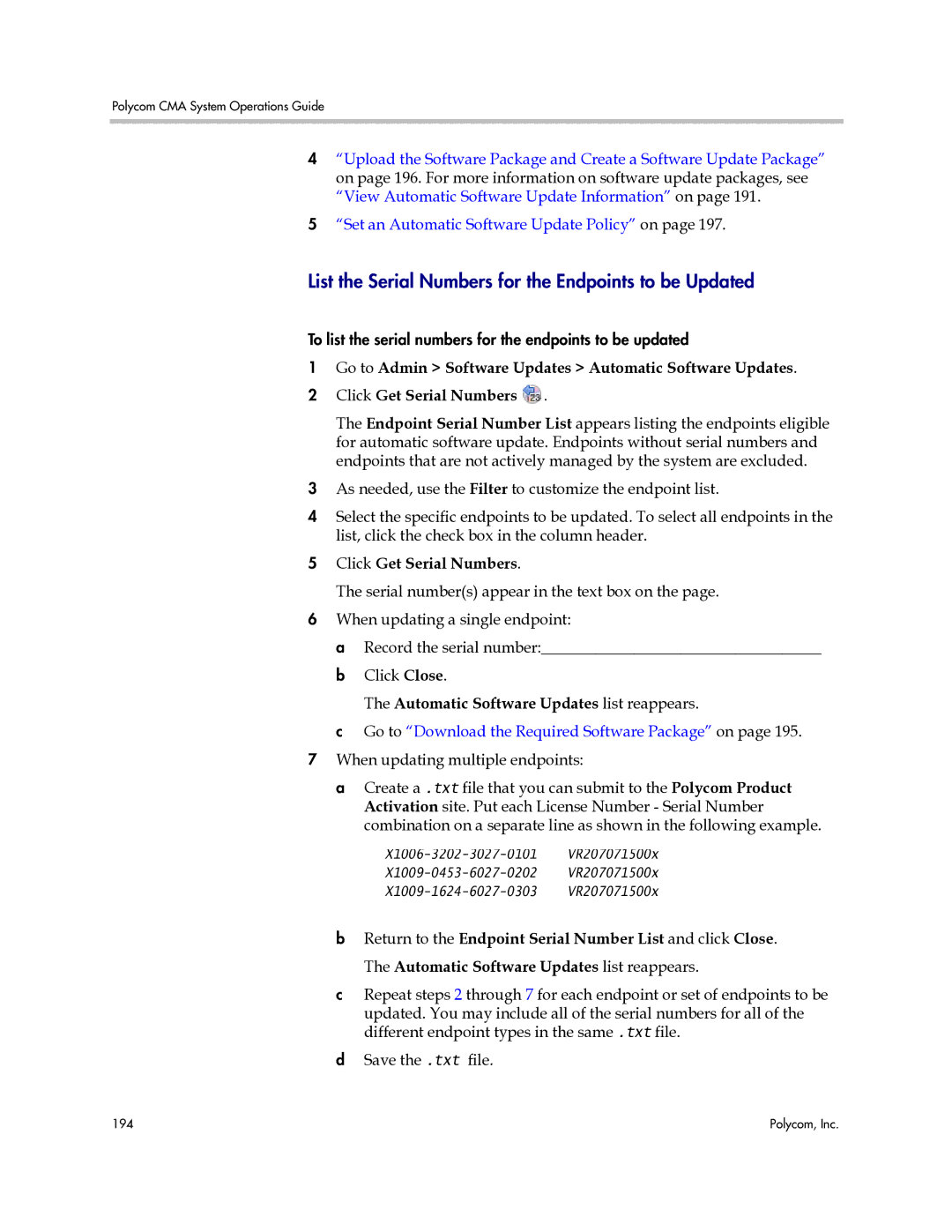 Polycom 3725-77601-001H List the Serial Numbers for the Endpoints to be Updated, Automatic Software Updates list reappears 