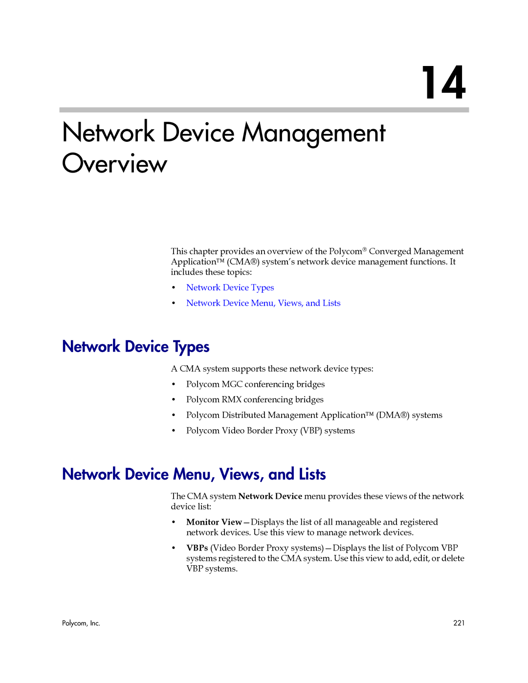 Polycom 3725-77601-001H Network Device Management Overview, Network Device Types, Network Device Menu, Views, and Lists 