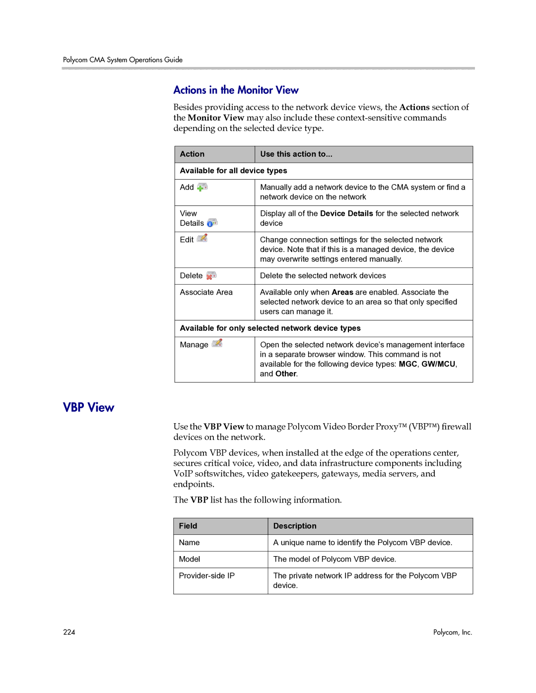 Polycom 3725-77601-001H manual VBP View, Action Use this action to Available for all device types 