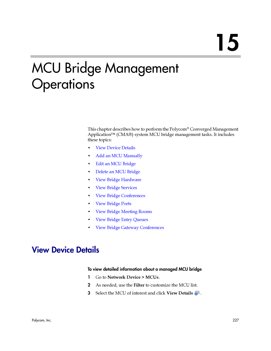 Polycom 3725-77601-001H manual MCU Bridge Management Operations, View Device Details, Go to Network Device MCUs 