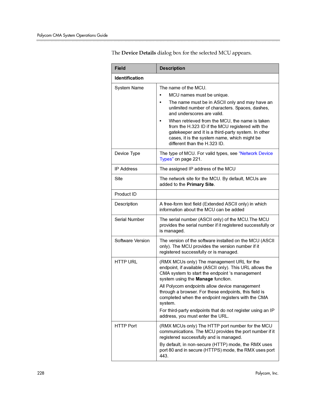 Polycom 3725-77601-001H manual Device Details dialog box for the selected MCU appears, Field Description Identification 