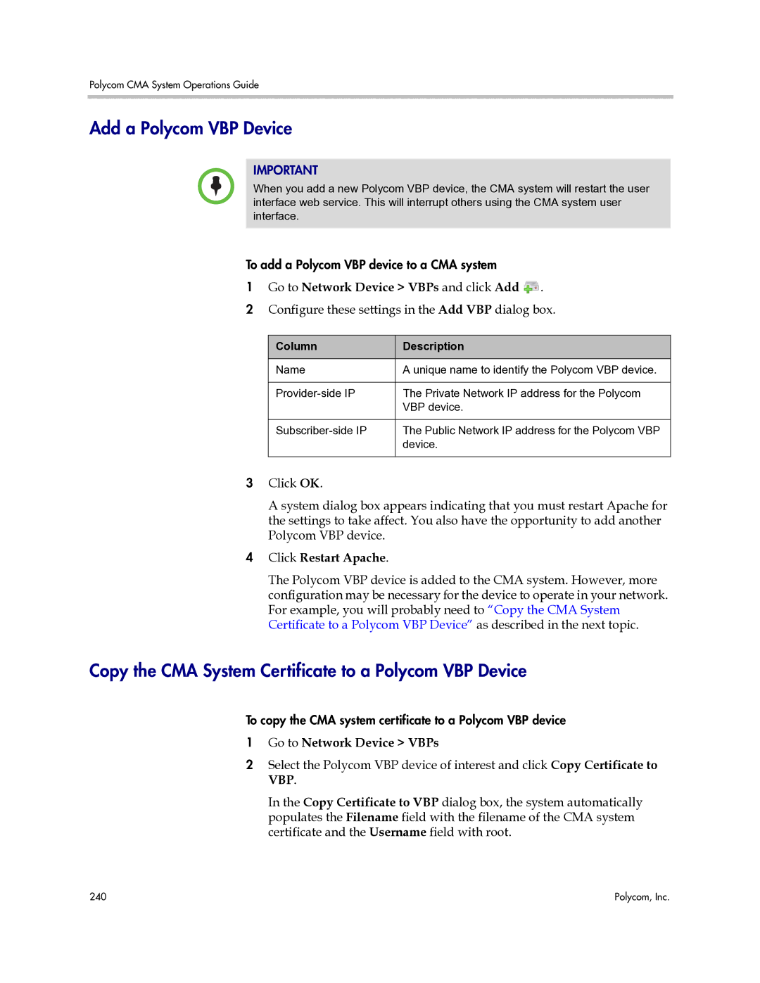 Polycom 3725-77601-001H manual Add a Polycom VBP Device, Copy the CMA System Certificate to a Polycom VBP Device 