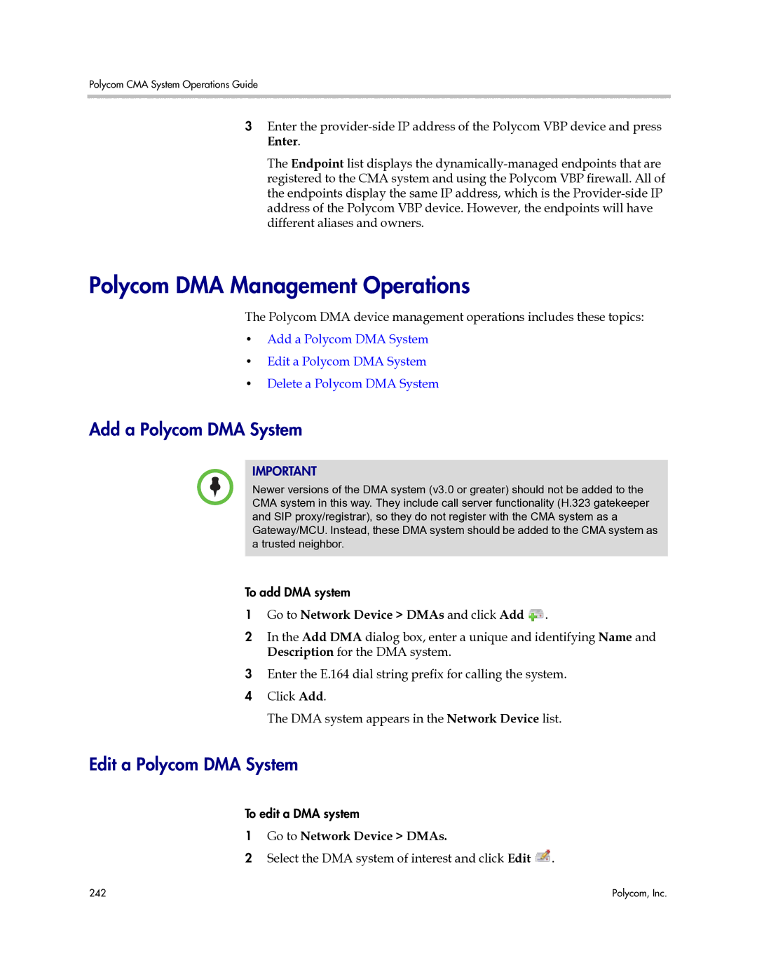 Polycom 3725-77601-001H manual Polycom DMA Management Operations, Add a Polycom DMA System, Edit a Polycom DMA System 