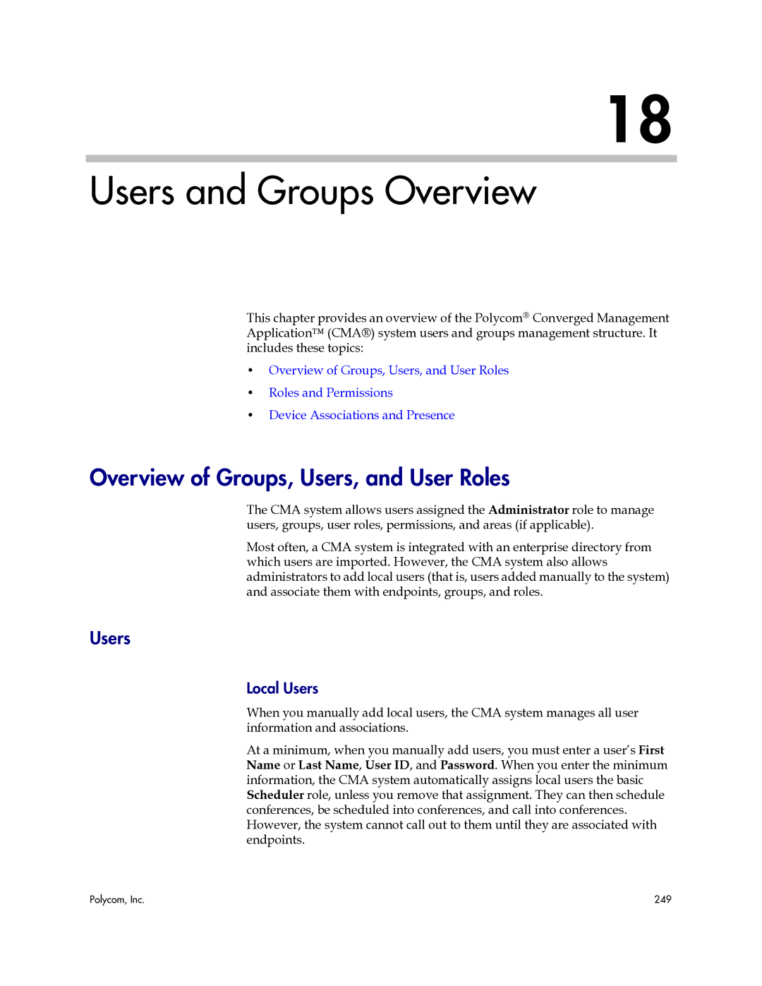 Polycom 3725-77601-001H manual Users and Groups Overview, Overview of Groups, Users, and User Roles, Local Users 