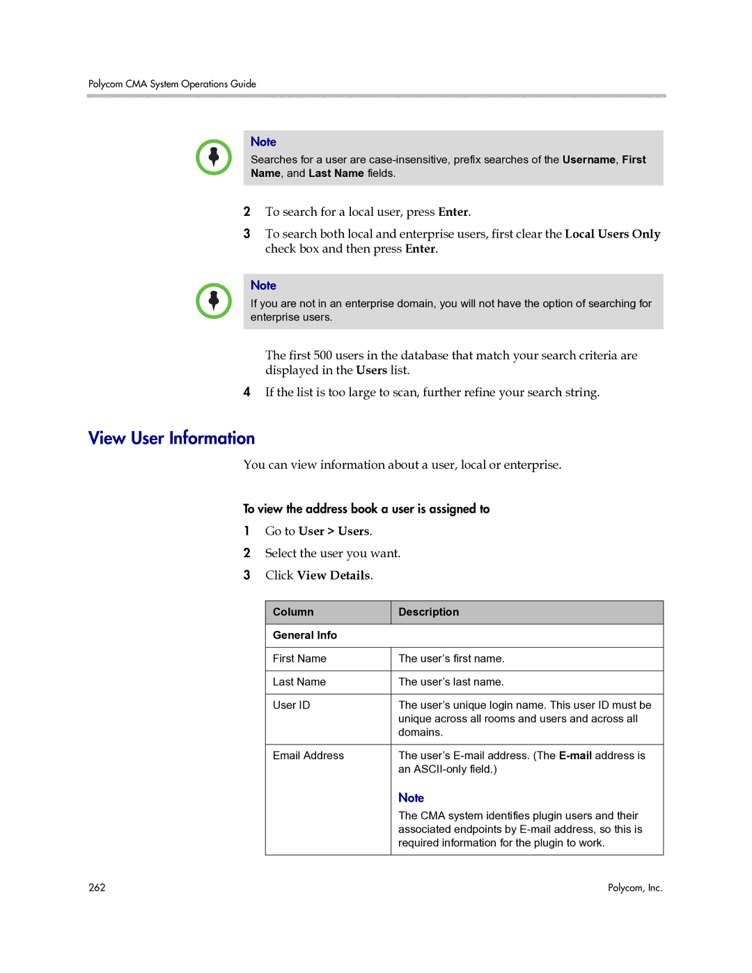 Polycom 3725-77601-001H manual View User Information, You can view information about a user, local or enterprise 