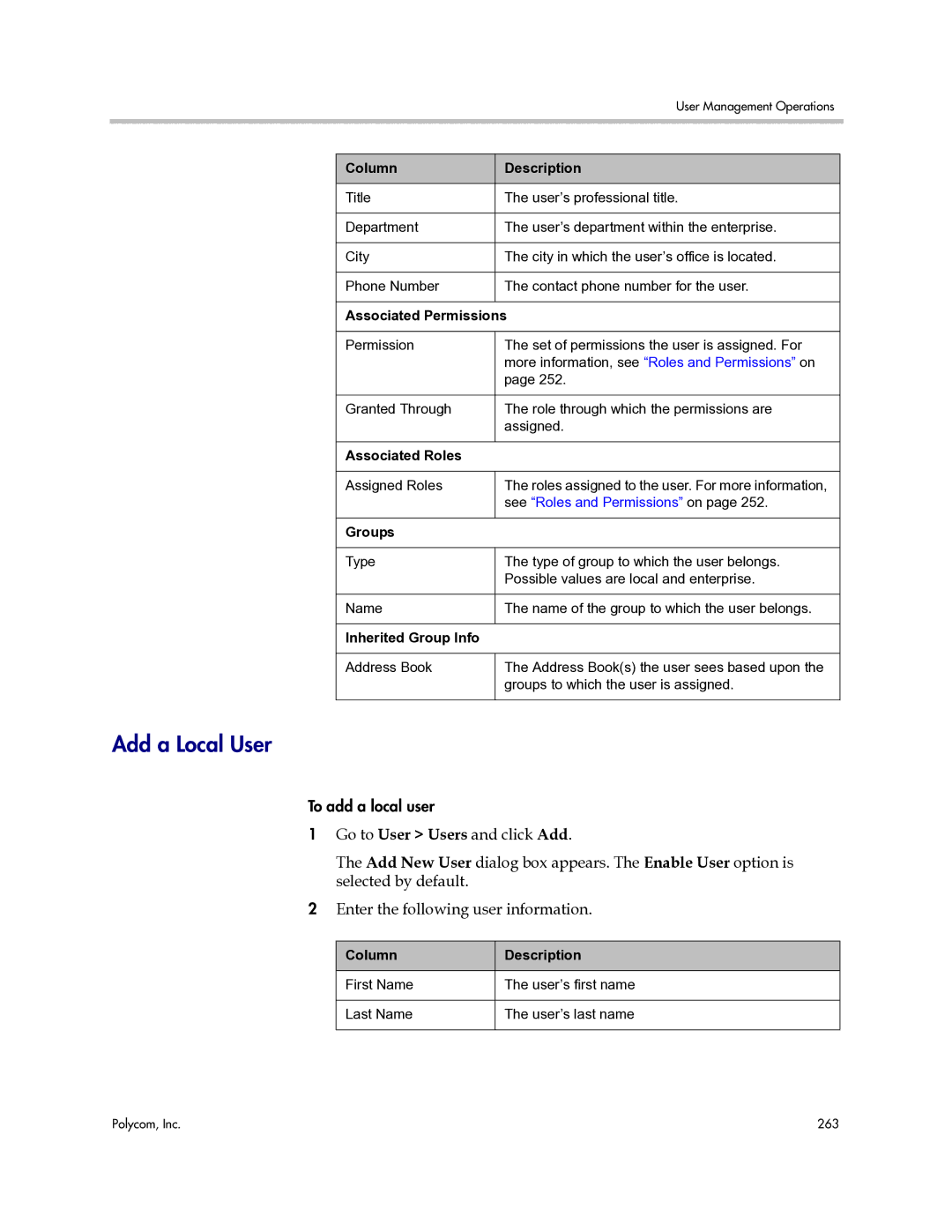 Polycom 3725-77601-001H manual Add a Local User, Associated Permissions, Associated Roles, Groups, Inherited Group Info 