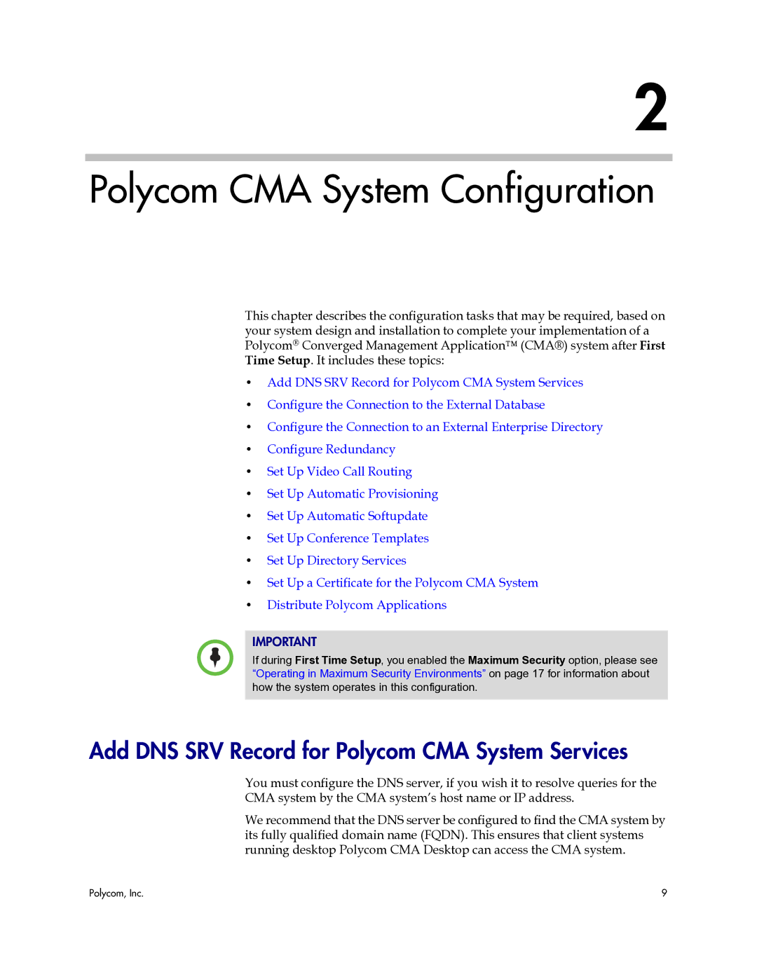 Polycom 3725-77601-001H manual Polycom CMA System Configuration, Add DNS SRV Record for Polycom CMA System Services 