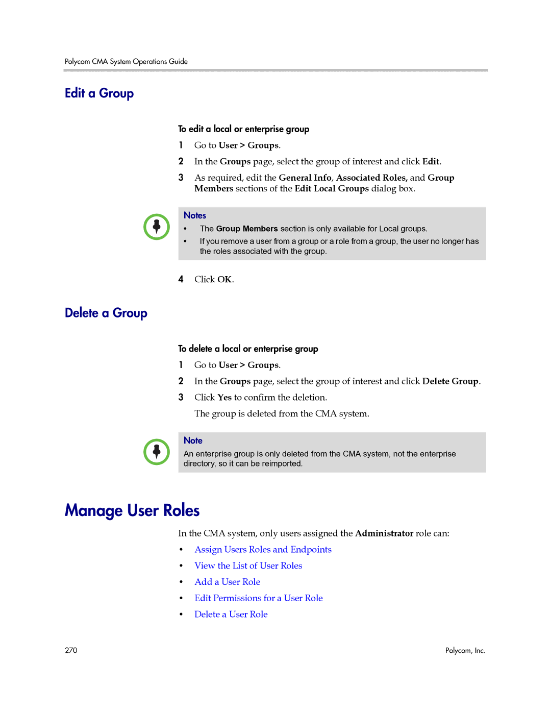 Polycom 3725-77601-001H manual Manage User Roles, Edit a Group, Delete a Group, Go to User Groups 