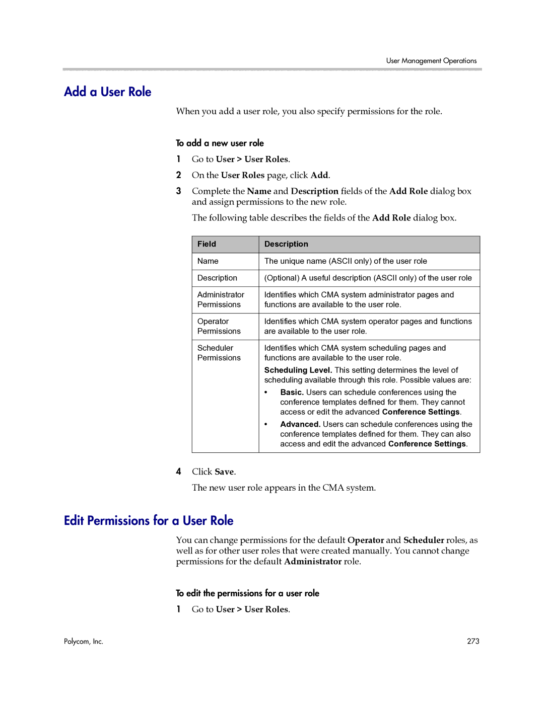 Polycom 3725-77601-001H manual Add a User Role, Edit Permissions for a User Role, Go to User User Roles 