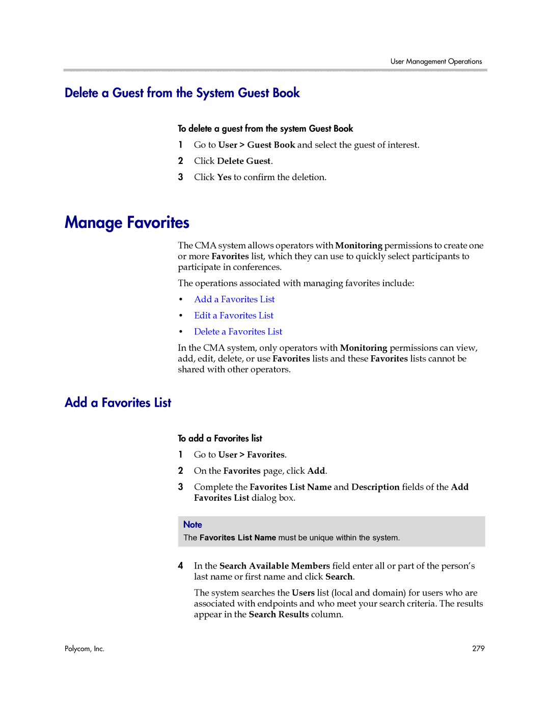 Polycom 3725-77601-001H manual Manage Favorites, Delete a Guest from the System Guest Book, Add a Favorites List 