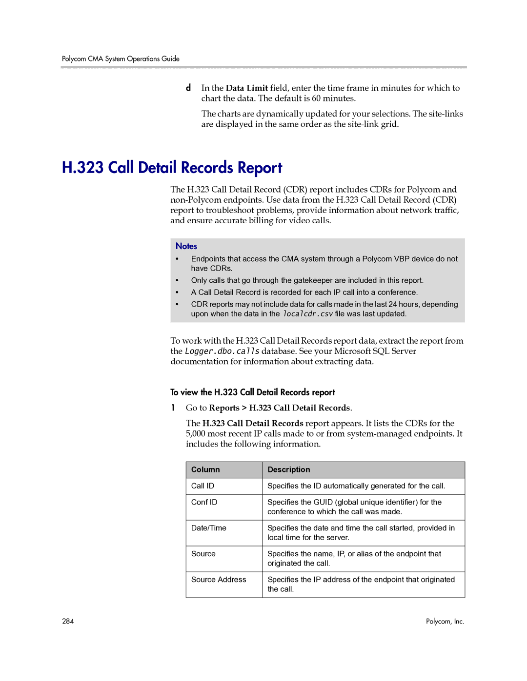 Polycom 3725-77601-001H manual Call Detail Records Report, Go to Reports H.323 Call Detail Records 