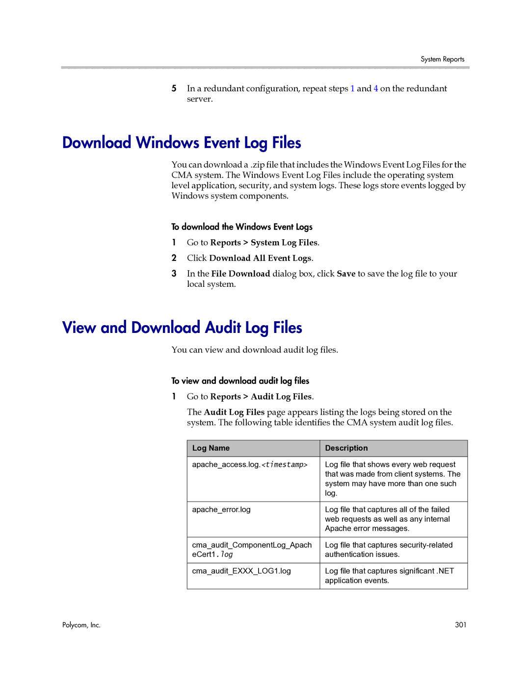 Polycom 3725-77601-001H Download Windows Event Log Files, View and Download Audit Log Files, Go to Reports Audit Log Files 