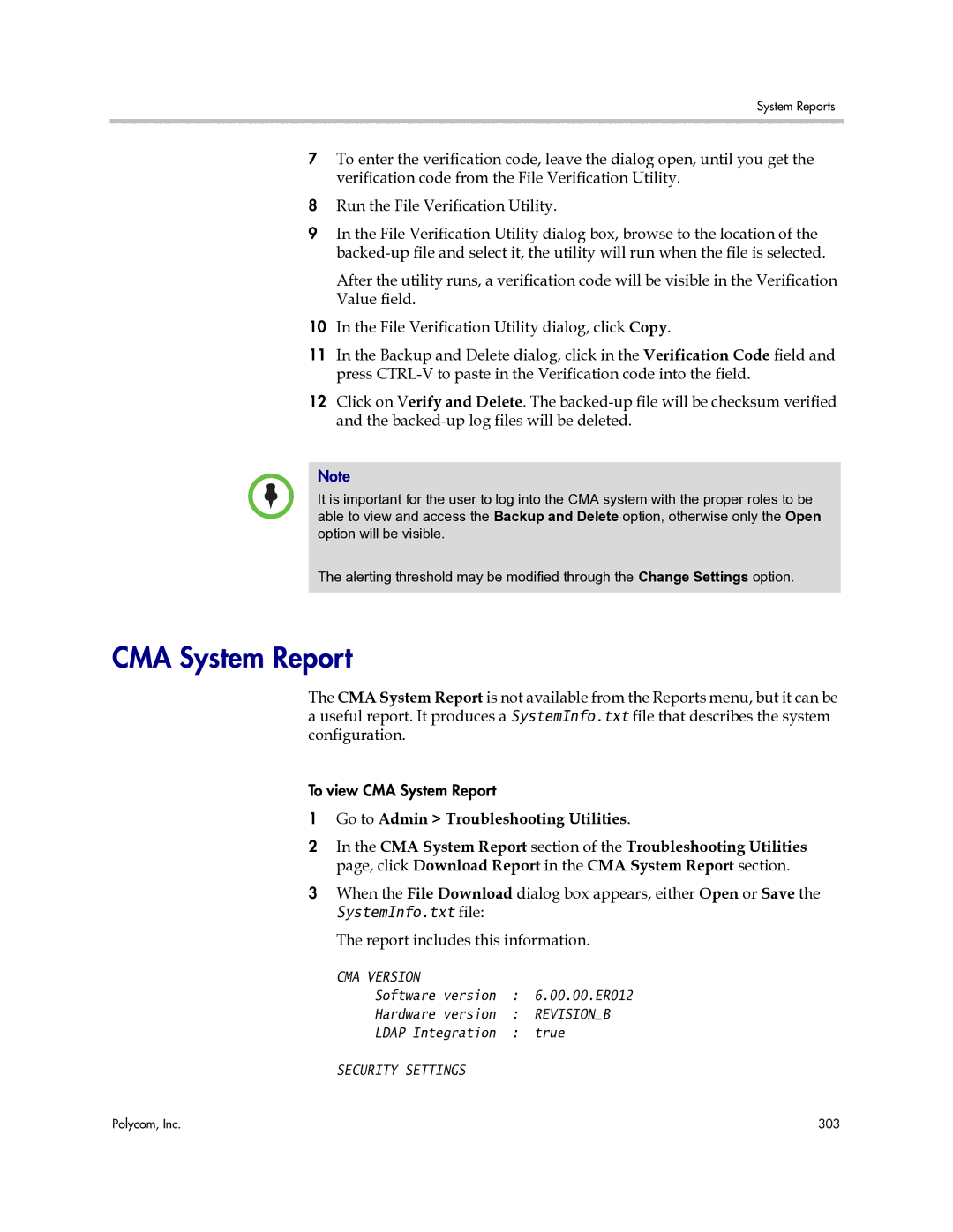 Polycom 3725-77601-001H manual CMA System Report, Report includes this information 