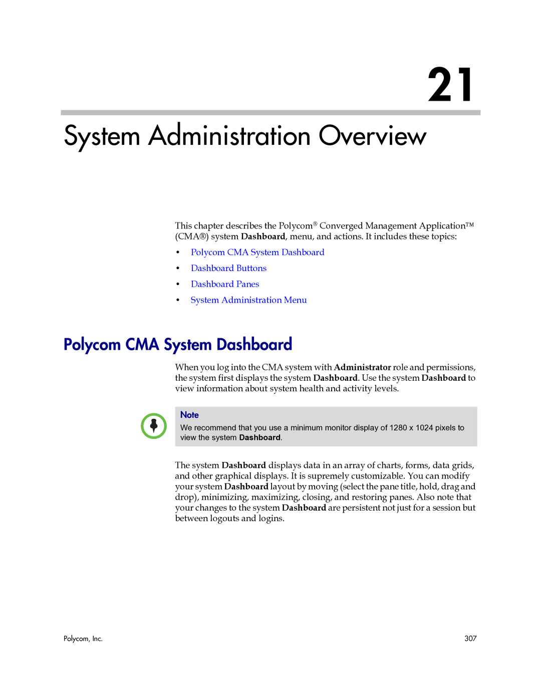 Polycom 3725-77601-001H manual System Administration Overview, Polycom CMA System Dashboard 