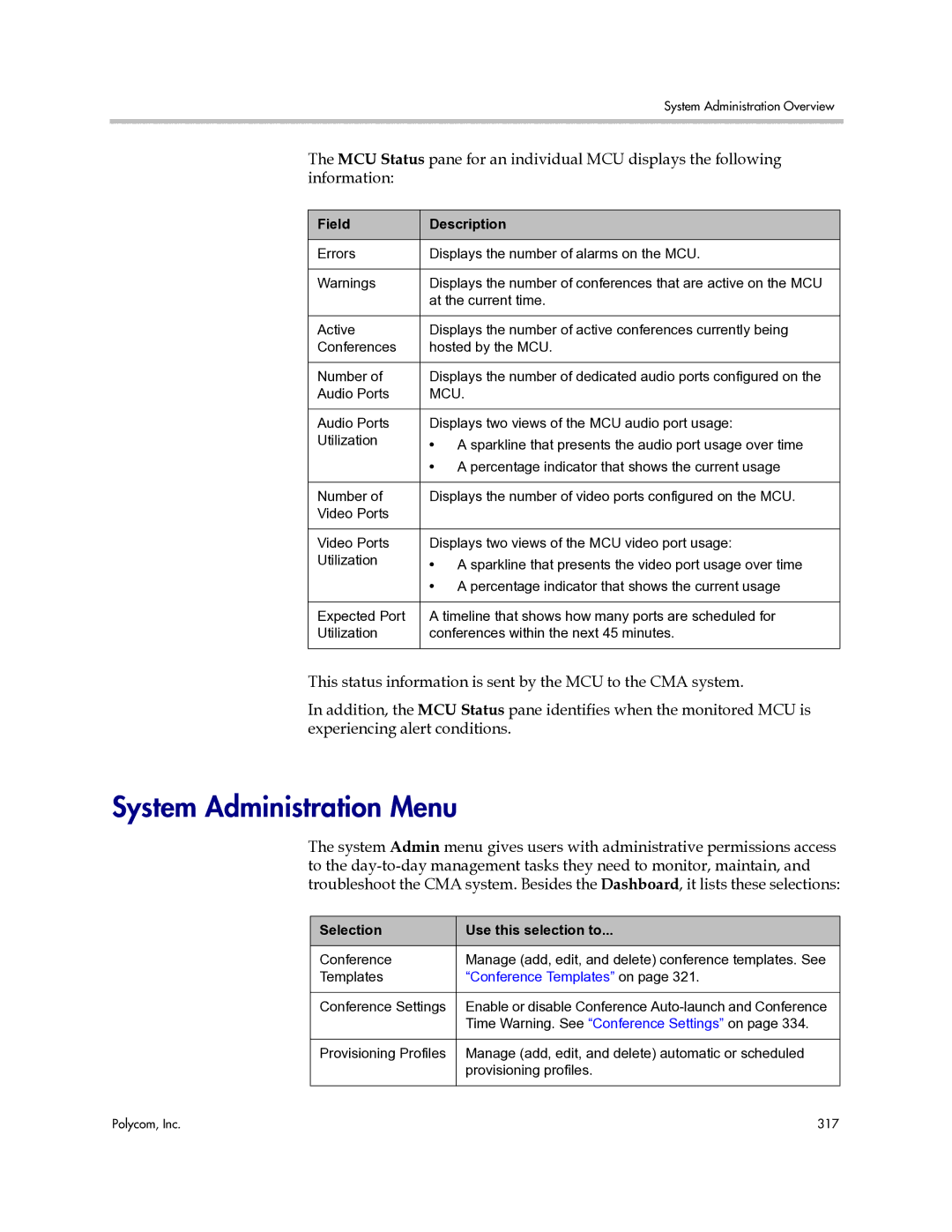 Polycom 3725-77601-001H manual System Administration Menu, Selection Use this selection to 