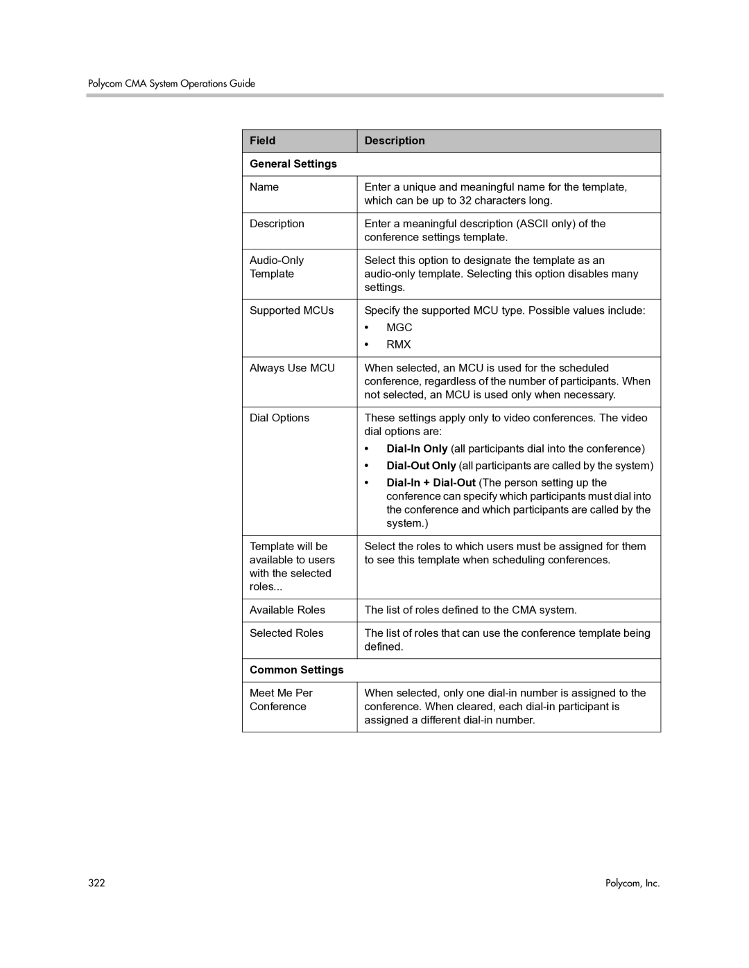 Polycom 3725-77601-001H manual Field Description General Settings, Mgc, Rmx, Common Settings 