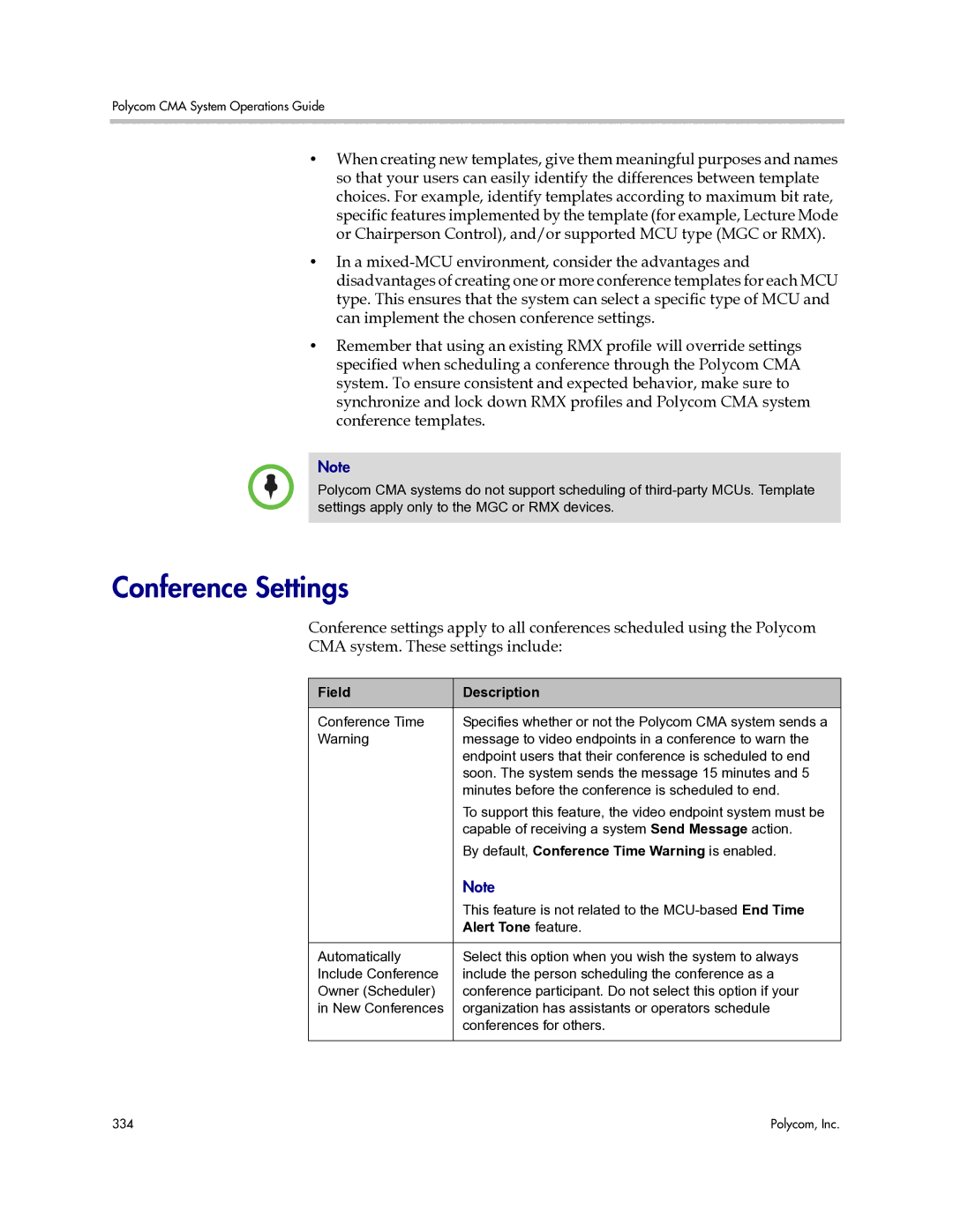 Polycom 3725-77601-001H manual Conference Settings, By default, Conference Time Warning is enabled, Alert Tone feature 