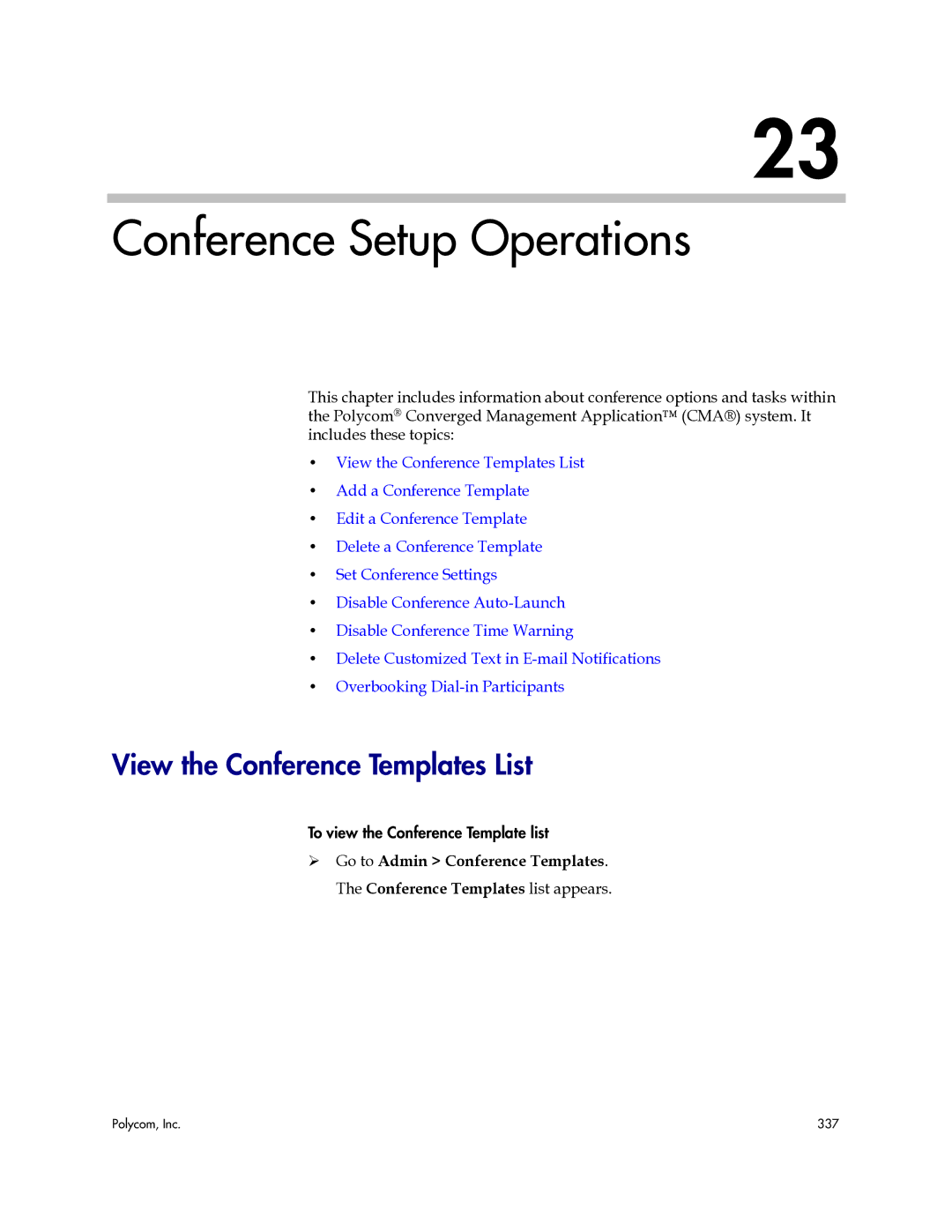 Polycom 3725-77601-001H manual Conference Setup Operations, View the Conference Templates List 