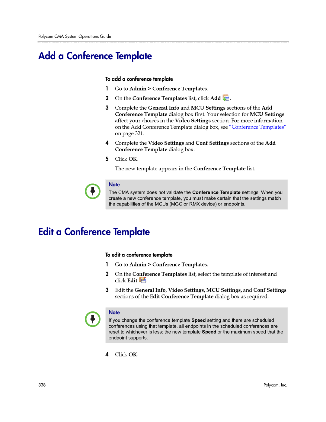 Polycom 3725-77601-001H manual Add a Conference Template, Edit a Conference Template, Go to Admin Conference Templates 