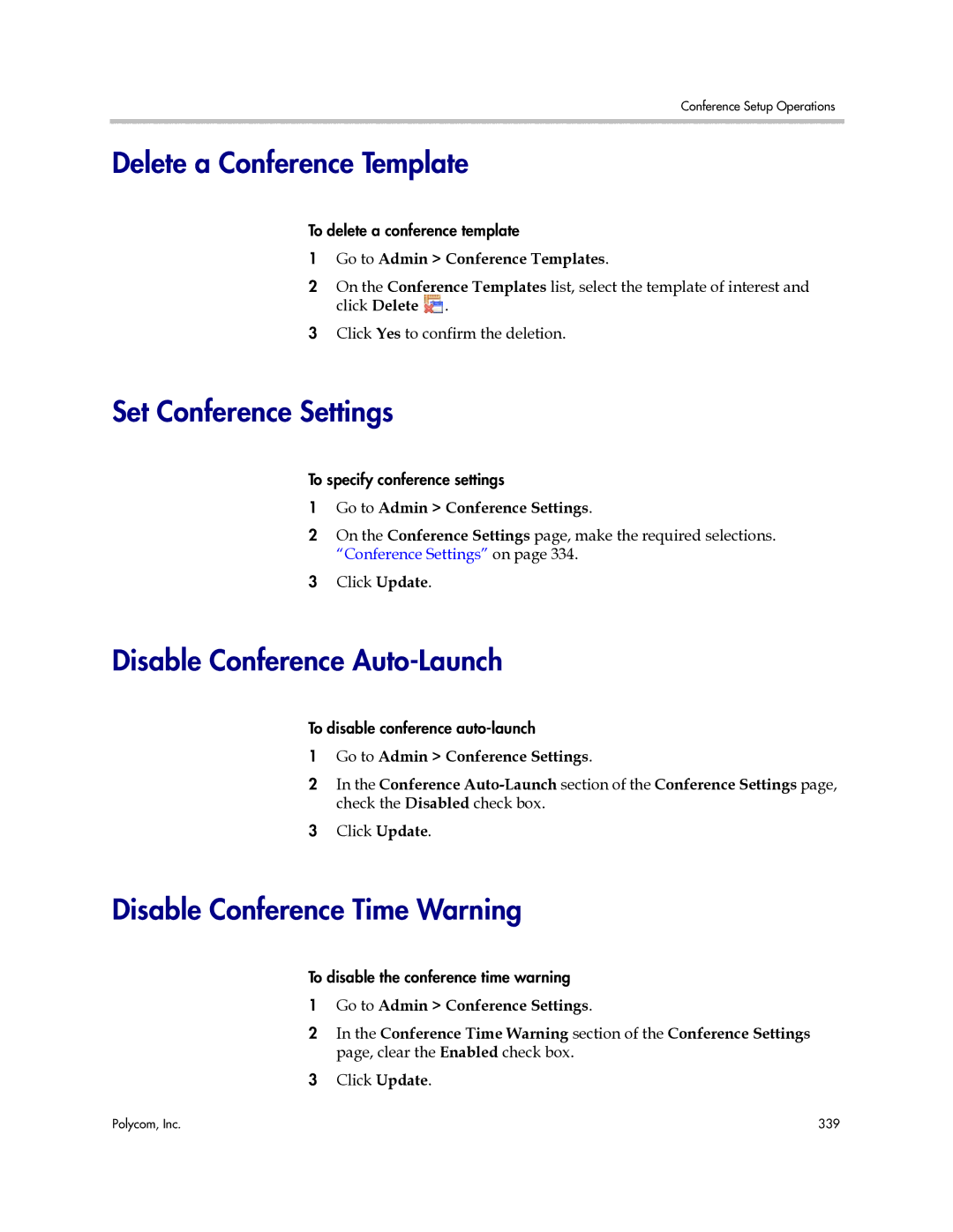 Polycom 3725-77601-001H manual Delete a Conference Template, Set Conference Settings, Disable Conference Auto-Launch 